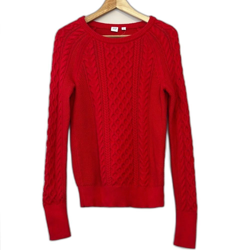 Gap Cable Knit Sweater 100% Cotton Red Women XS Classic Preppy Crewneck Academia